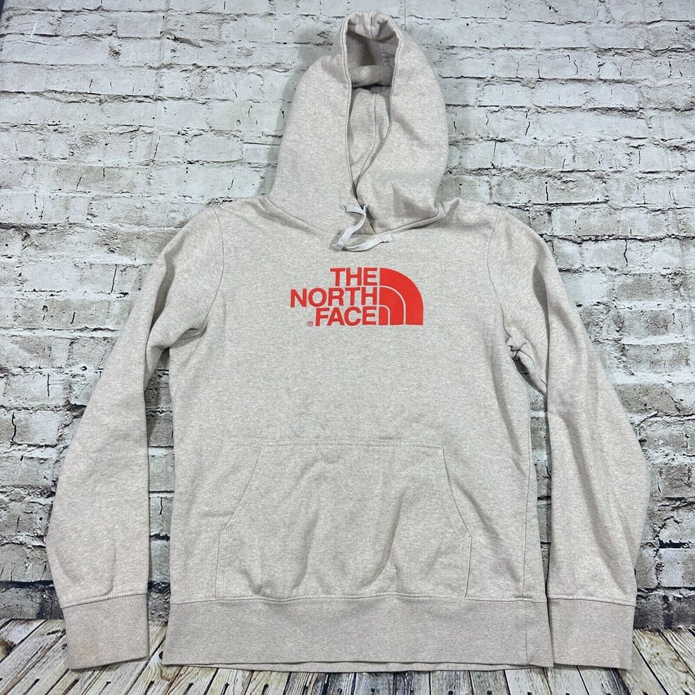 The North Face Sweater Womens Medium Beige Orange Graphic Logo Pullover Hoodie
